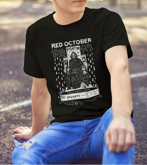 Red October Fightins Ring The Bell Philly Smells Blood Atlanta Baseball Grim Reaper Throne T-Shirt