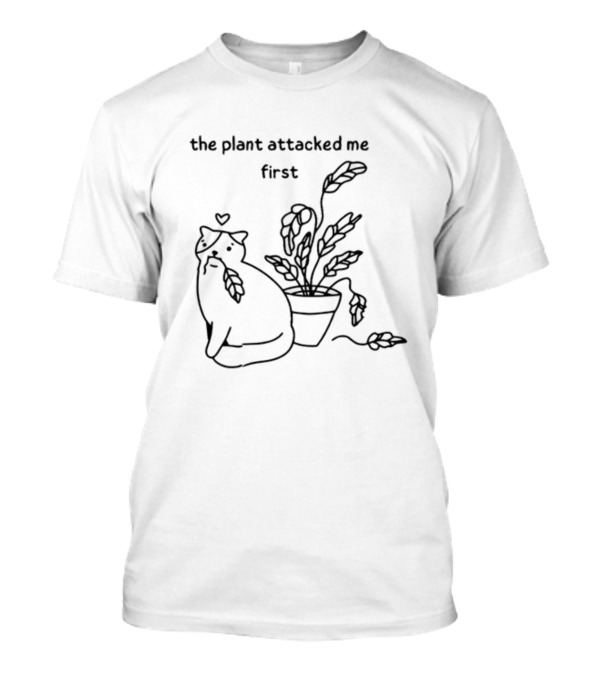 The Plant Attacked Me First Cat And Plant Drawing T-Shirt