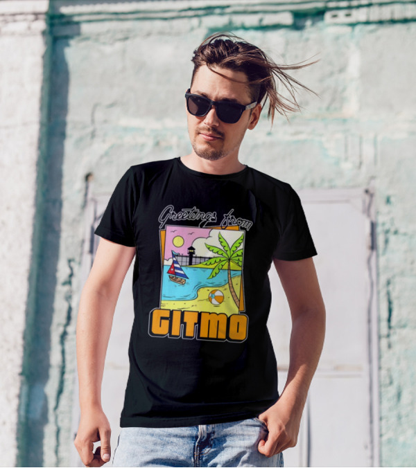Greetings From Gitmo Sunshine Beach Scene With Palm Trees And Sailboat T-Shirt
