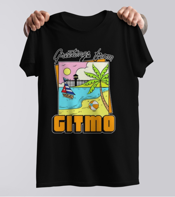 Greetings From Gitmo Sunshine Beach Scene With Palm Trees And Sailboat T-Shirt