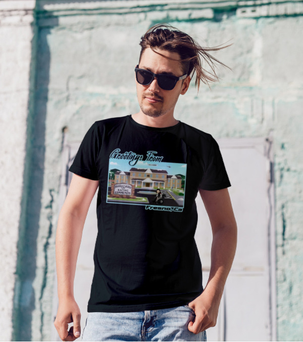 Greetings From Fresno Ca Shady Acres Racing Community Old Guys Rule 41 T-Shirt