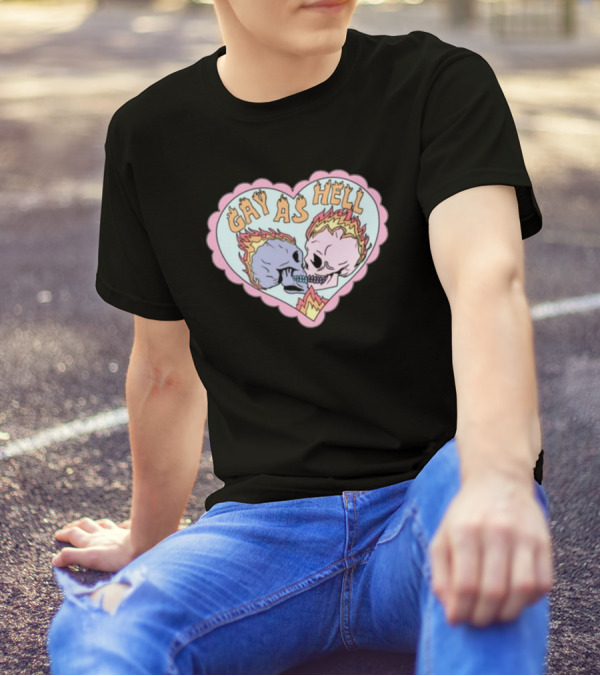Gay As Hell Flame Skulls Heart T-Shirt