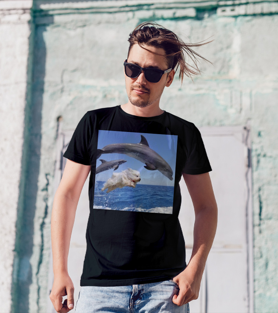 Dog Swimming With Jumping Dolphins Ocean Scene T-Shirt