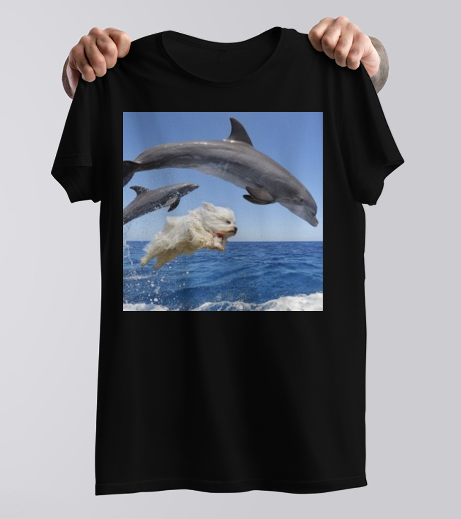 Dog Swimming With Jumping Dolphins Ocean Scene T-Shirt