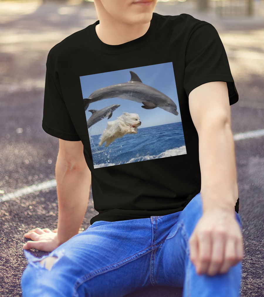 Dog Swimming With Jumping Dolphins Ocean Scene T-Shirt