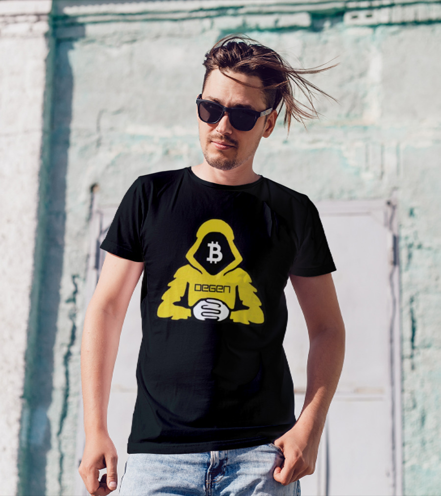 Bitcoin Degen Hooded Figure With Bitcoin Logo And Folded Hands T-Shirt