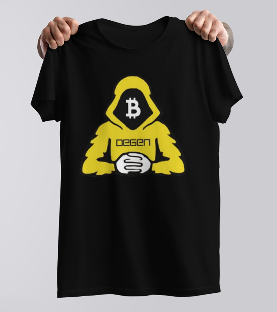 Bitcoin Degen Hooded Figure With Bitcoin Logo And Folded Hands T-Shirt