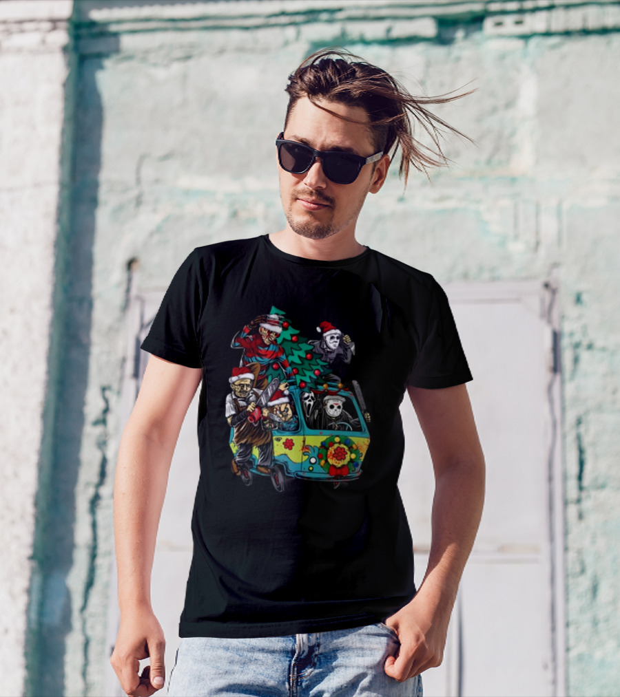Horror Movie Characters In Christmas Santa Hats With Tree On Fun Van T-Shirt