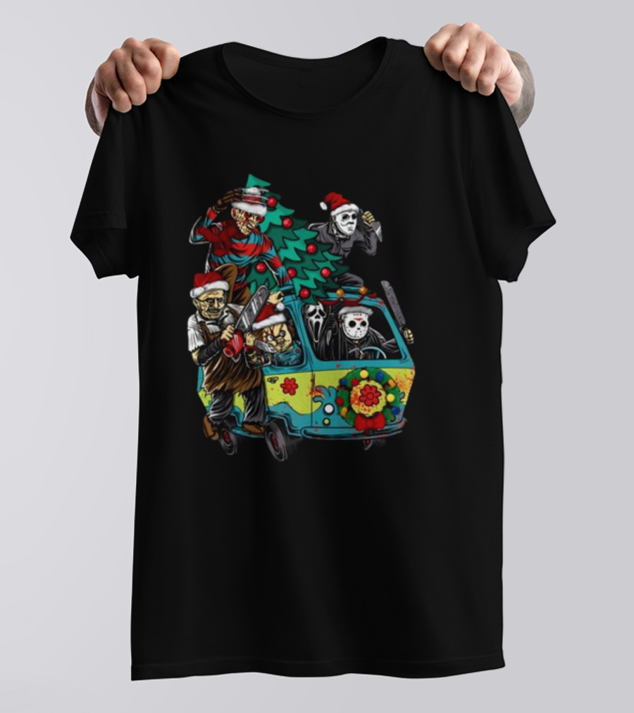Horror Movie Characters In Christmas Santa Hats With Tree On Fun Van T-Shirt
