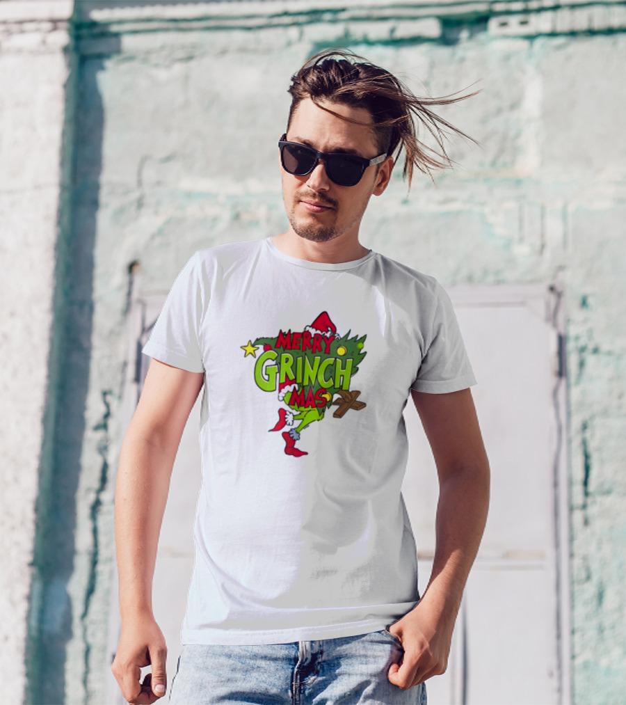 Merry Grinchmas Tree With Santa Hat And Holiday Decorations T-Shirt