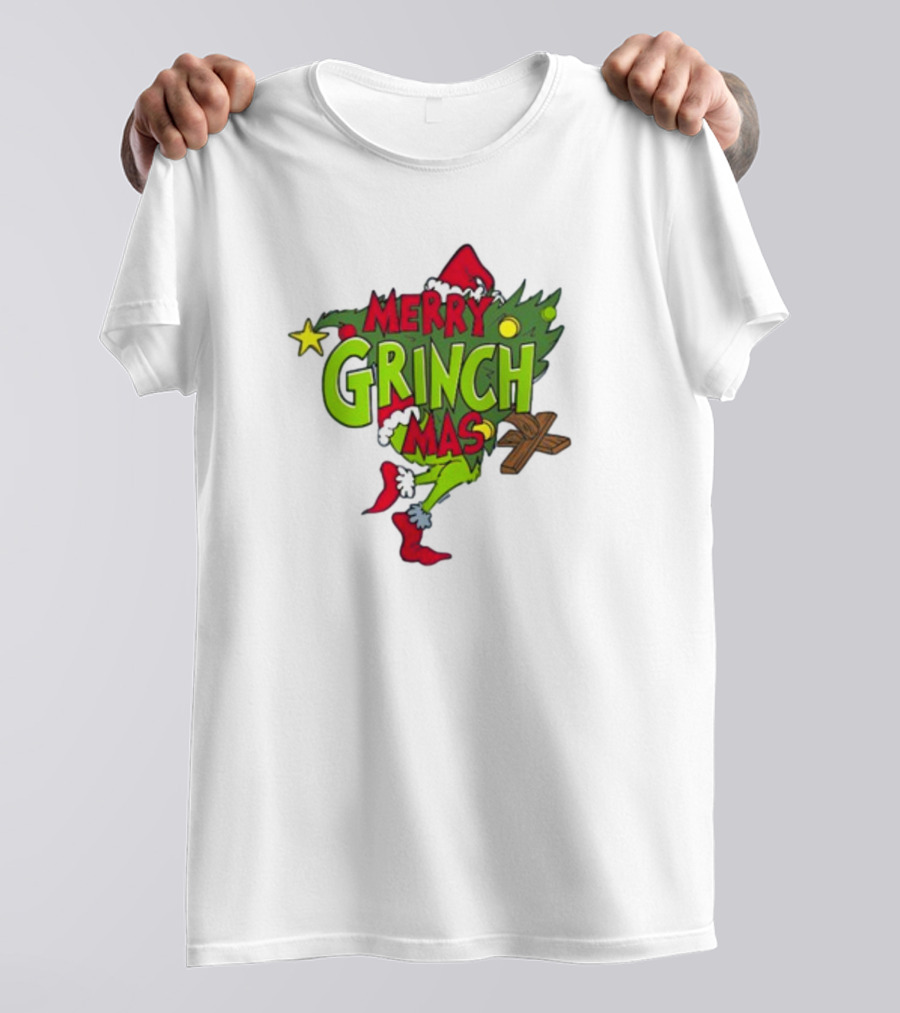 Merry Grinchmas Tree With Santa Hat And Holiday Decorations T-Shirt