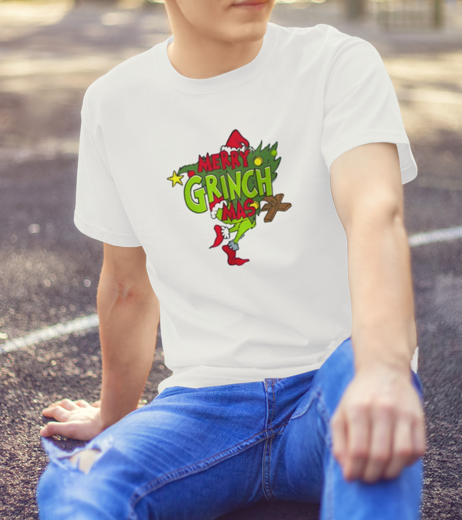 Merry Grinchmas Tree With Santa Hat And Holiday Decorations T-Shirt