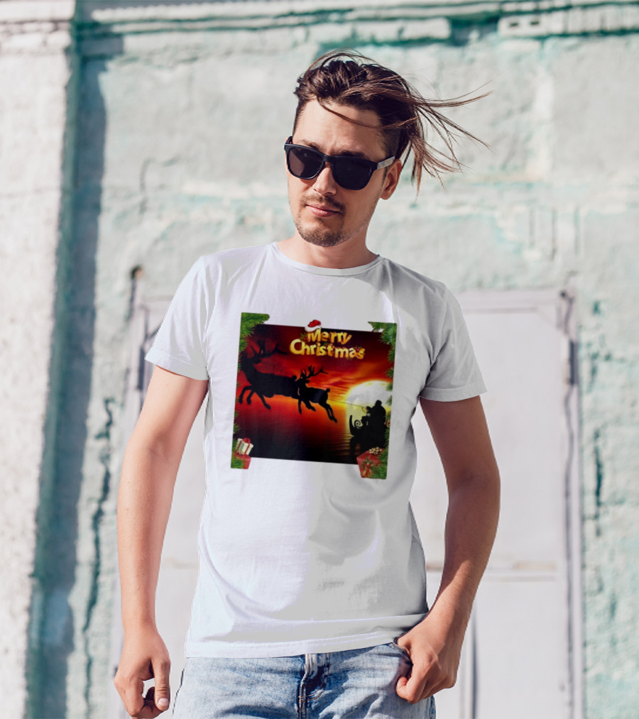 Merry Christmas Santa Claus Sleigh Sunset With Reindeer In Holiday Scene T-Shirt