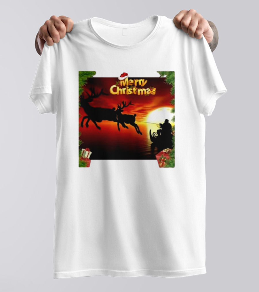 Merry Christmas Santa Claus Sleigh Sunset With Reindeer In Holiday Scene T-Shirt
