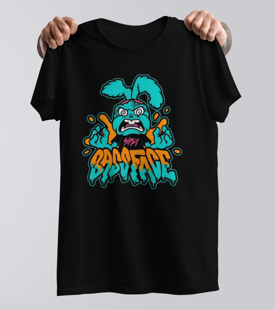 Sippy Bass Face Angry Cartoon Character With Blue And Orange Accents T-Shirt