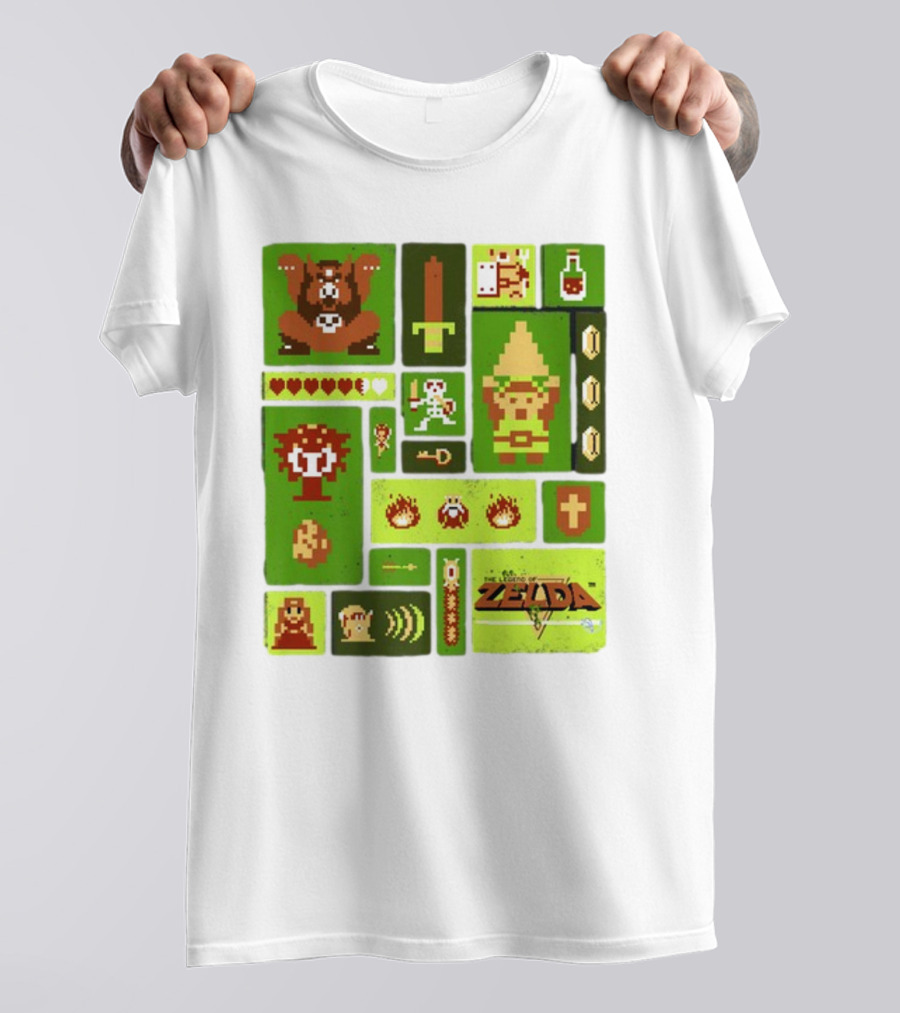 Pixelated Zelda And Link Adventure Icons Mosaic With Sword And Hearts T-Shirt