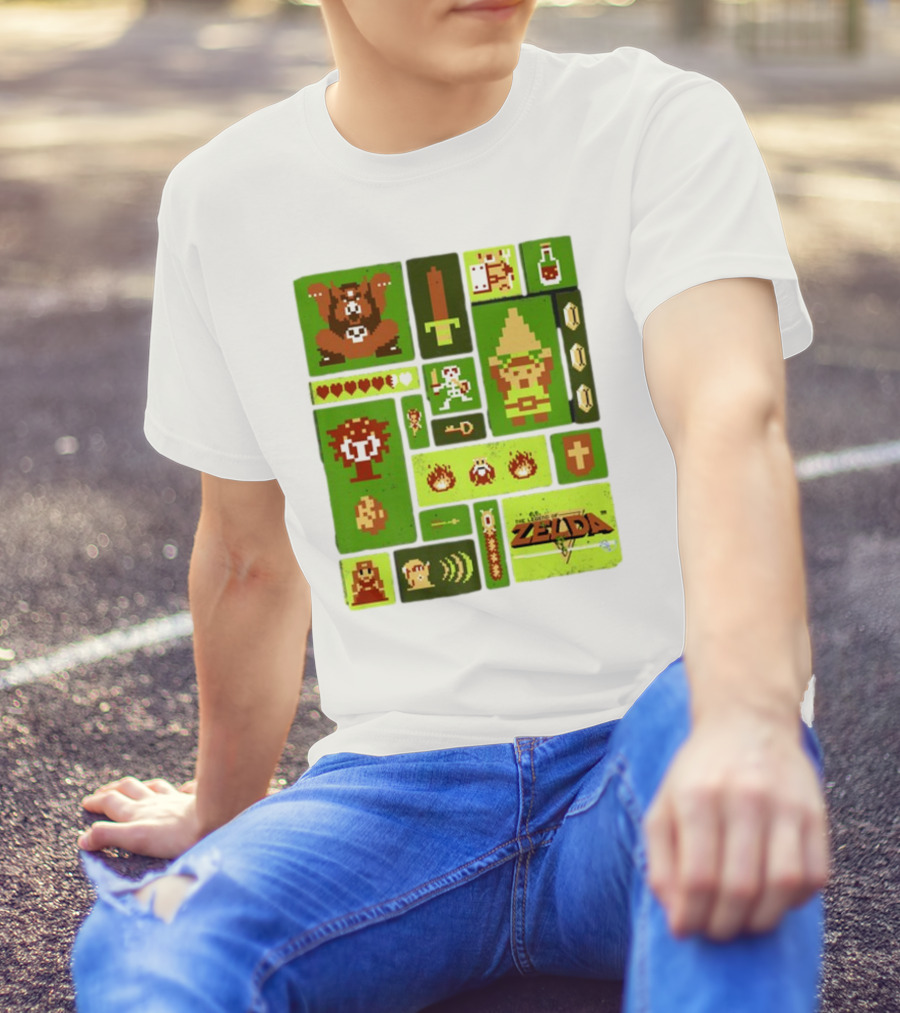 Pixelated Zelda And Link Adventure Icons Mosaic With Sword And Hearts T-Shirt