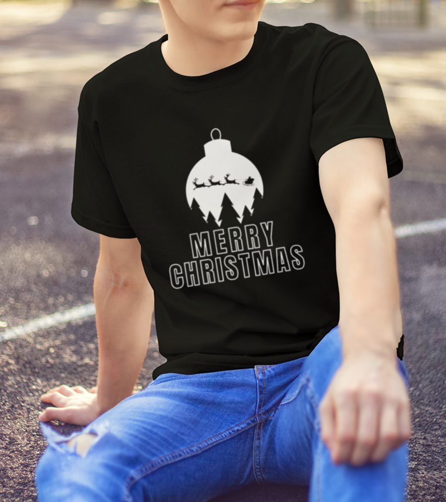 Merry Christmas Ornament Reindeer Sleigh And Trees T-Shirt