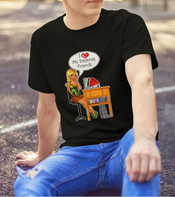 Cherrykitten I Love My Internet Friends Y2K Vintage Blonde Girl At Desk Pixel T-Shirt