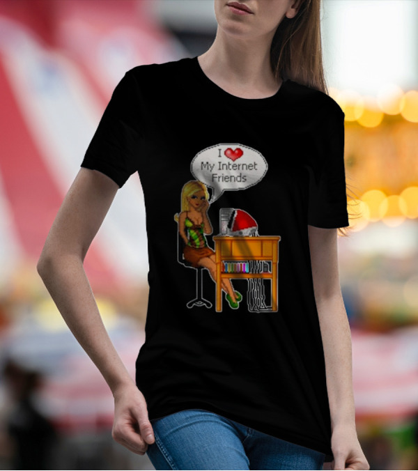 Cherrykitten I Love My Internet Friends Y2K Vintage Blonde Girl At Desk Pixel T-Shirt