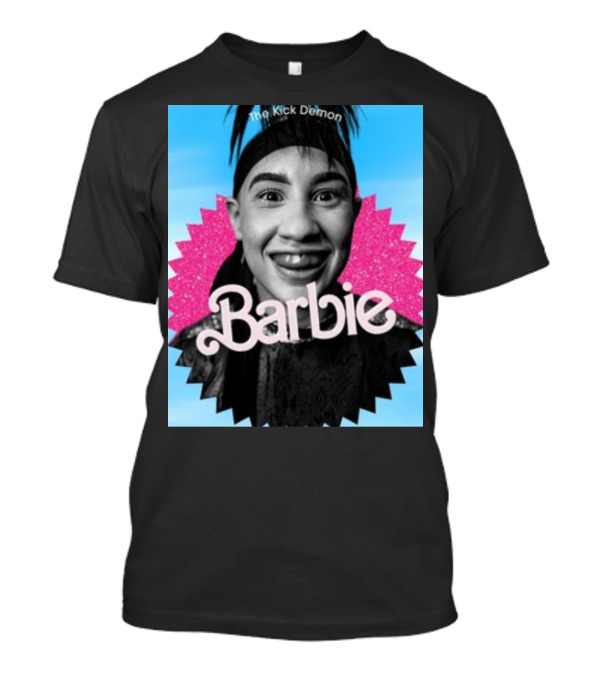 Kick Demon Barbie Smiling Portrait With Pink Starburst Background T-Shirt