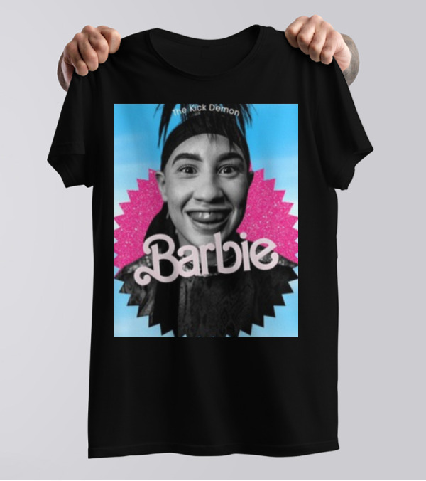 Kick Demon Barbie Smiling Portrait With Pink Starburst Background T-Shirt