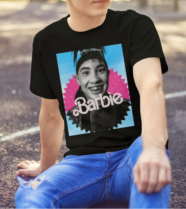 Kick Demon Barbie Smiling Portrait With Pink Starburst Background T-Shirt