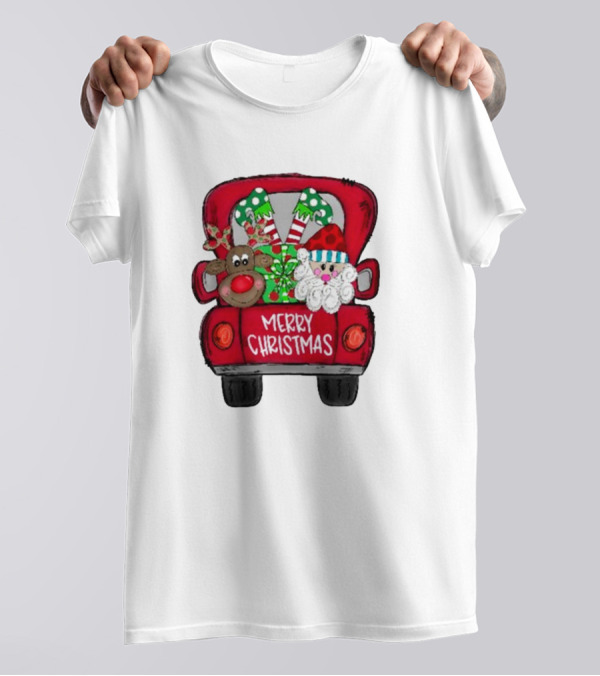 Merry Christmas Santa And Reindeer With Presents In Truck T-Shirt