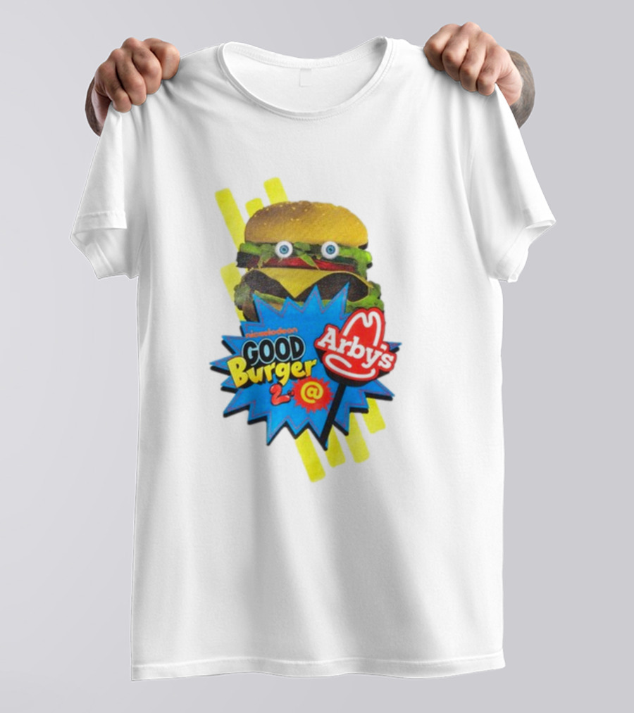 Nickelodeon Good Burger 2 Arby's Collaboration Burger With Eyeballs And Red Arby's T-Shirt