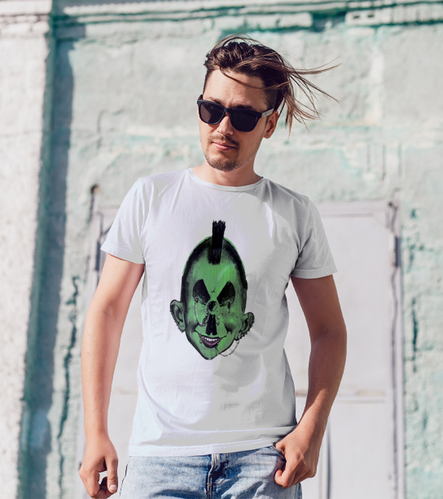 Willy Warhol Green Punk Face Mohawk Piercings T-Shirt