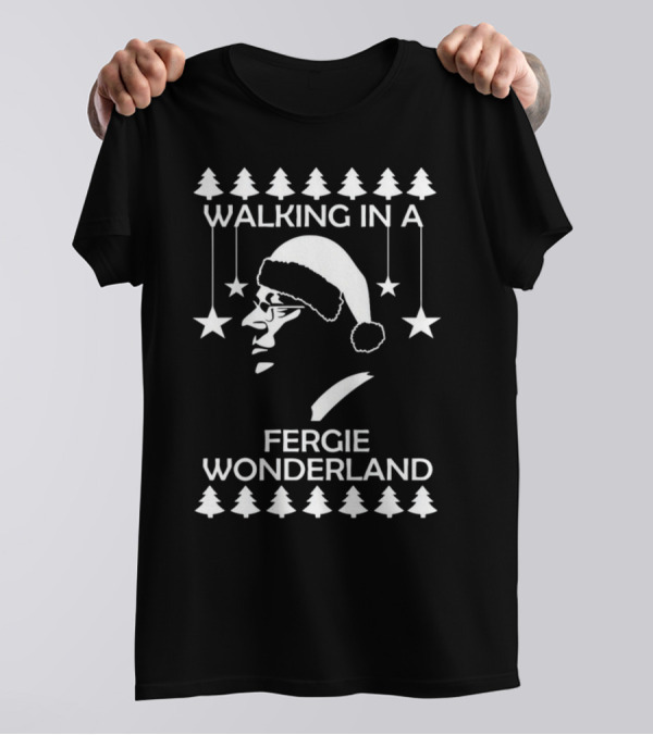 Walking In A Fergie Wonderland Christmas Festive Santa Hat Trees Stars T-Shirt