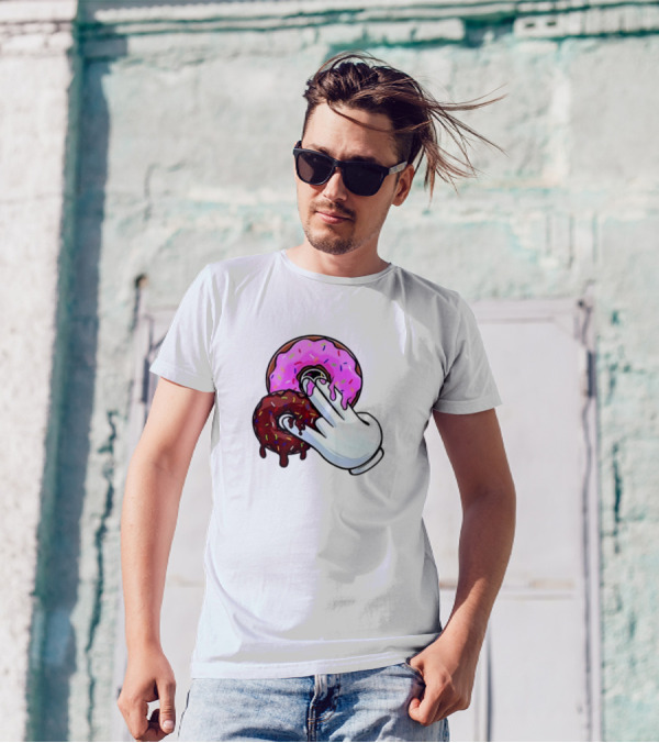 Funnyahhtees Pink And Brown Donuts With Cartoon Glove Hand T-Shirt