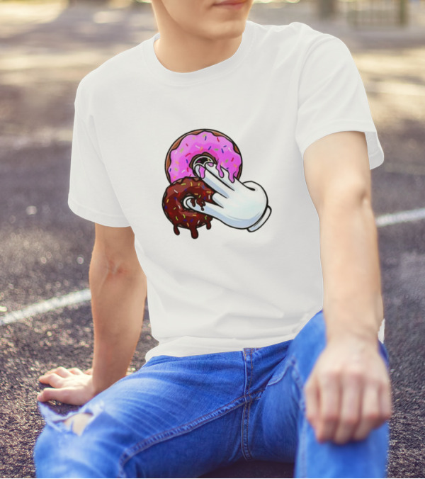 Funnyahhtees Pink And Brown Donuts With Cartoon Glove Hand T-Shirt