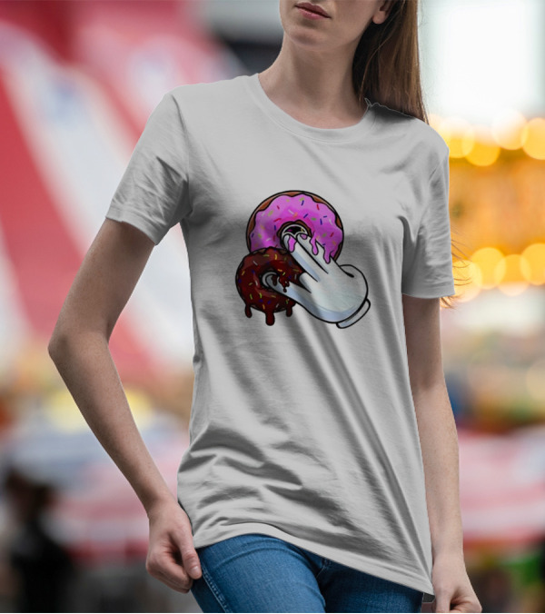 Funnyahhtees Pink And Brown Donuts With Cartoon Glove Hand T-Shirt