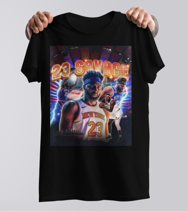 New York Knicks 23 Savage Mitchell Robinson Stadium Lightning Background T-Shirt