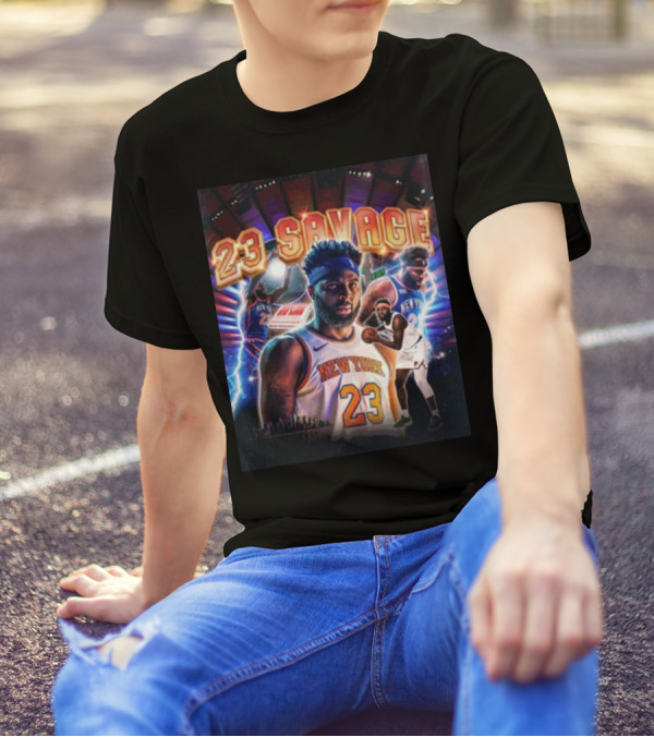 New York Knicks 23 Savage Mitchell Robinson Stadium Lightning Background T-Shirt
