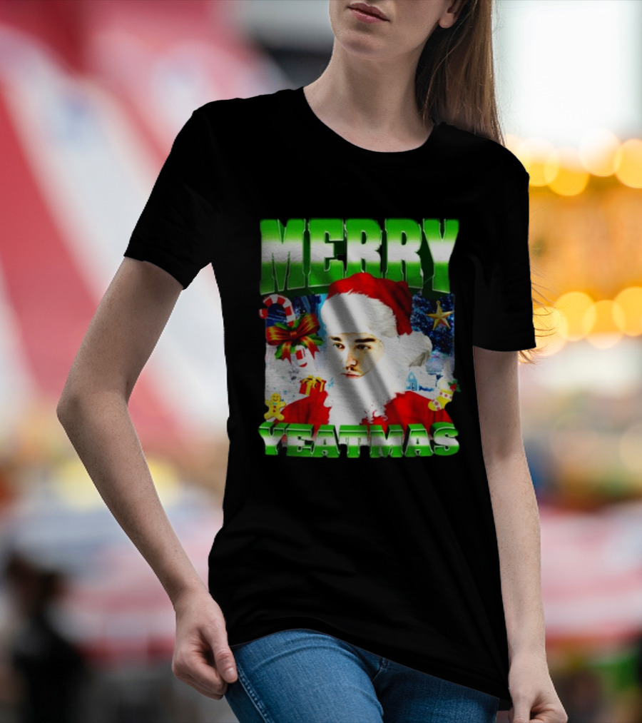 Memeabletees Merry Yeatmas Santa Claus Candy Canes And Snowflakes T-Shirt