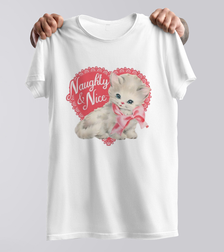 Nessa Barrett Store Naughty And Nice Kitten Heart Bow T-Shirt