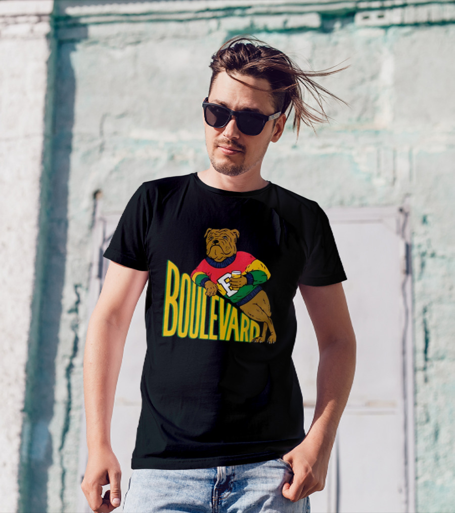 Boulevard Bully Dog In Colorful Sweater Holding Drink T-Shirt