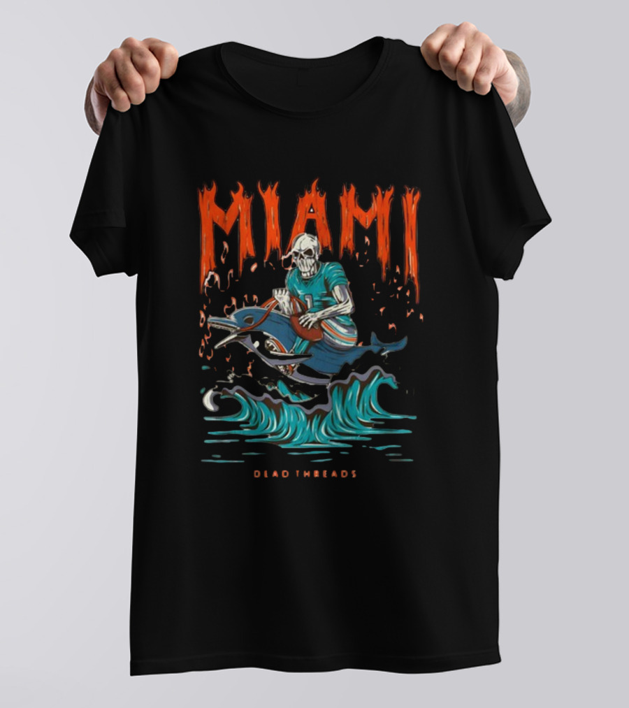 MIAMI Dead Threads Skeleton Surfer On Dolphin Football Adventure T-Shirt