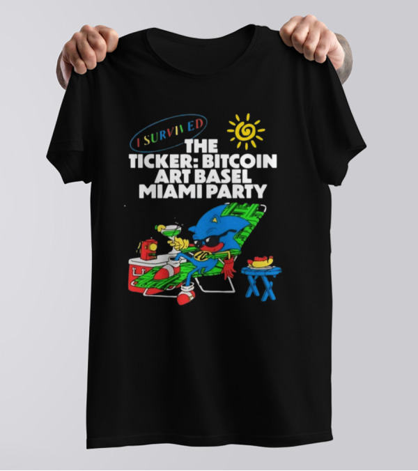 I Survived The Ticker Bitcoin Art Basel Miami Party Lounge Character Sun Cocktail T-Shirt
