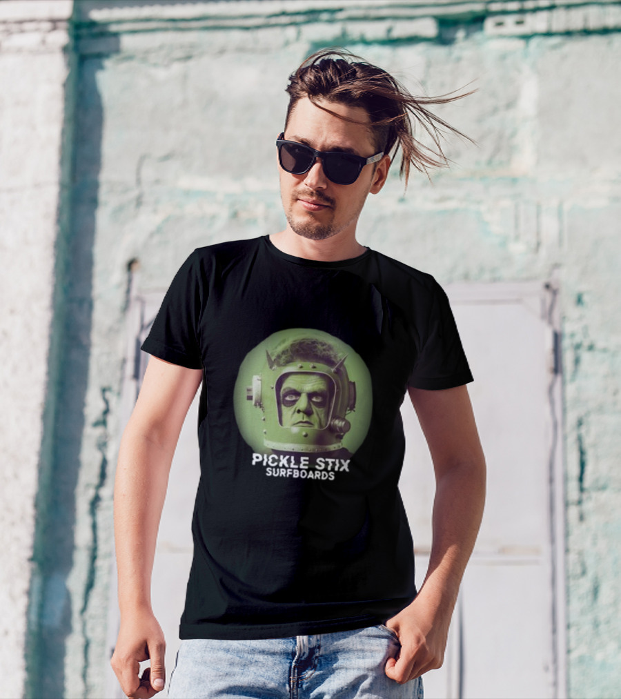 PICKLE STIX SURFBOARDS SPACEMAN HELMET GREEN BACKGROUND T-Shirt