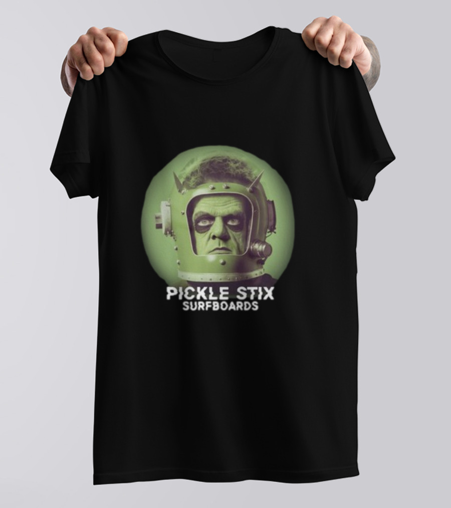 PICKLE STIX SURFBOARDS SPACEMAN HELMET GREEN BACKGROUND T-Shirt