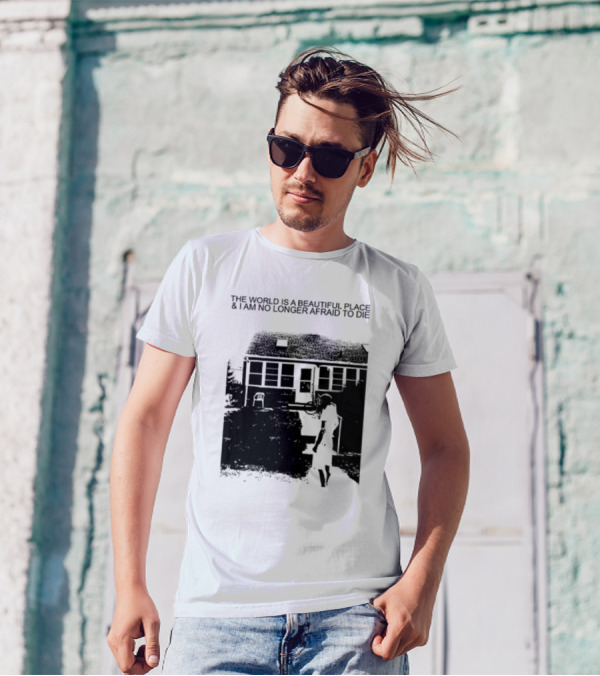 The World Is A Beautiful Place And I Am No Longer Afraid To Die Chair And Figure In Front Of House T-Shirt