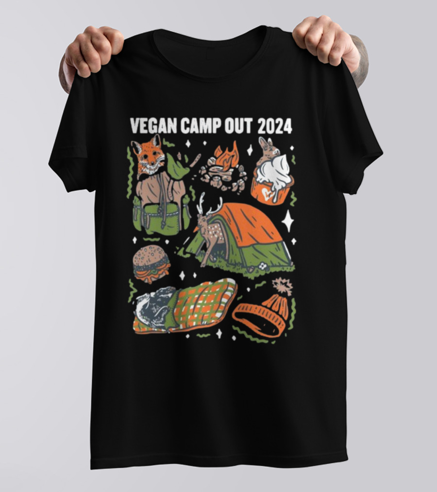 Vegan Camp Out 2024 Forest Animals Tent Campfire Deer Burger Sleeping Bag Beanie T-Shirt