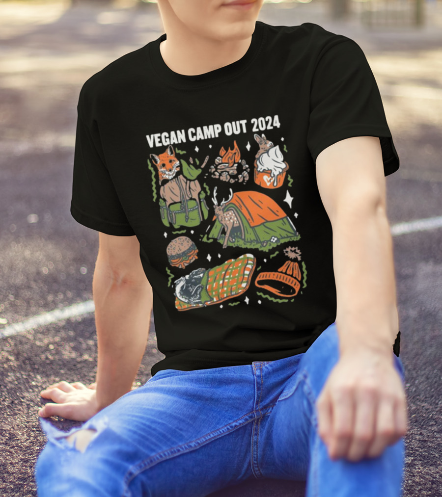 Vegan Camp Out 2024 Forest Animals Tent Campfire Deer Burger Sleeping Bag Beanie T-Shirt