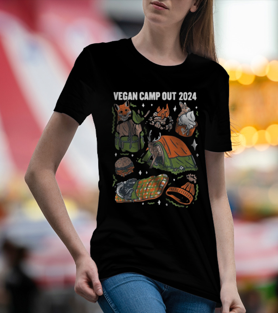 Vegan Camp Out 2024 Forest Animals Tent Campfire Deer Burger Sleeping Bag Beanie T-Shirt