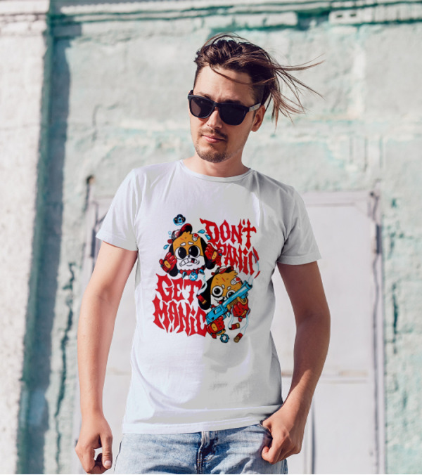 Don't Panic Get Manic Cartoon Characters With Colorful Styling And Playful T-Shirt