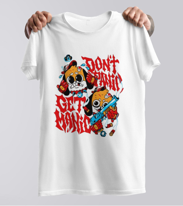 Don't Panic Get Manic Cartoon Characters With Colorful Styling And Playful T-Shirt