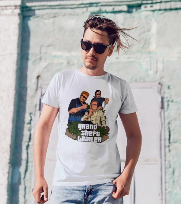 Grand Theft Trailer Cannabis Comedy Trio With Sunglasses And Pistol T-Shirt